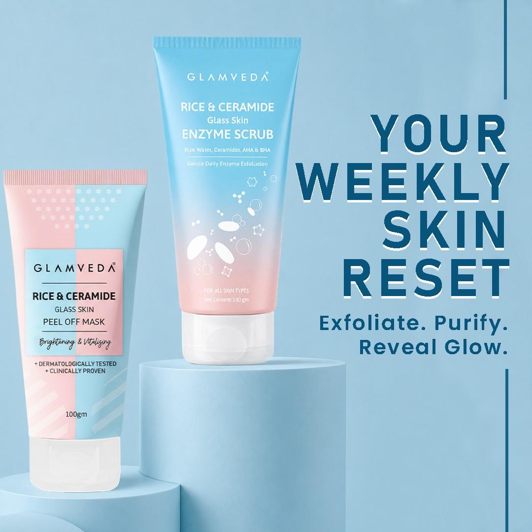Rice & Ceramide Weekly Glow Ritual | Enzyme Scrub + Peel Off Mask Combo | Korean Glass Skin Treatment | 200gm