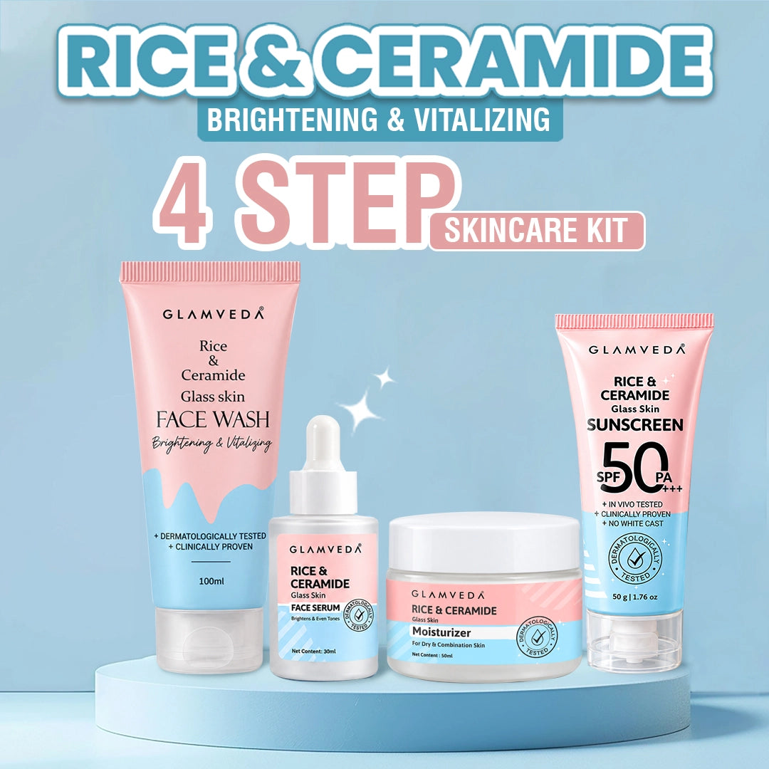 Korean Glass Skin Rice & Ceramide Morning 4 Step Gift Box | Face Wash, Serum, Moisturizer & Sunscreen