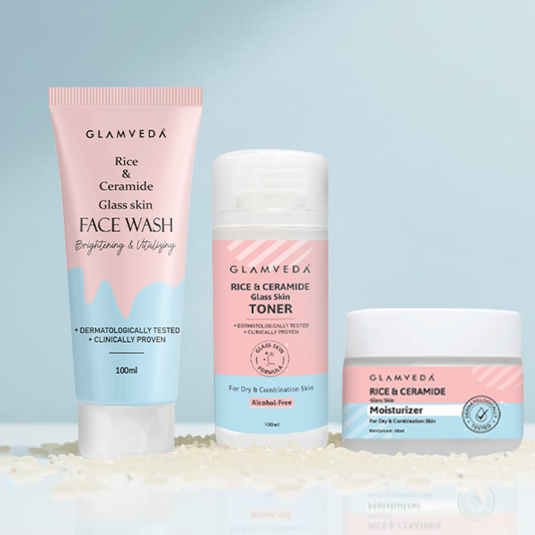 Glamveda Korean Glass Skin Rice & Ceramide 3 Step Combo | Face Wash, Toner & Moisturizer