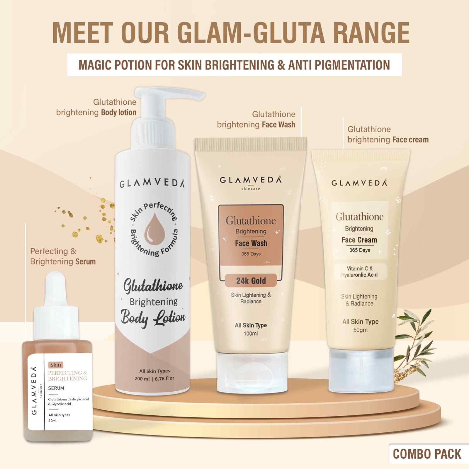Glamveda Glutathione Skin Perfecting Brightening & Dark Spots Removal 4 Steps Skincare Routine ( Face Wash + Face Cream + Face Serum + Body Lotion )