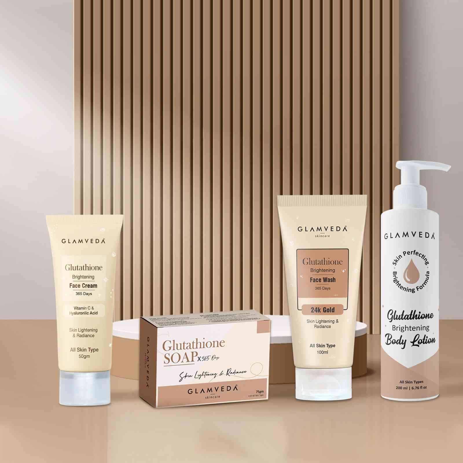 Glamveda Glutathione Bath & Body Skincare Routine Combo | Set of 4 Kit | For Skin Brightening and Lightening | ( Face Wash + Face Cream + Body Lotion + Soap )