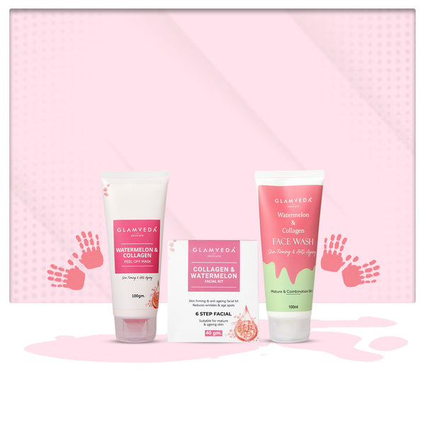 Glamveda Watermelon & Collagen Anti Ageing Combo Gift Pack | Reduces signs of ageing | Face Wash, Facial Kit & Peel Off Mask