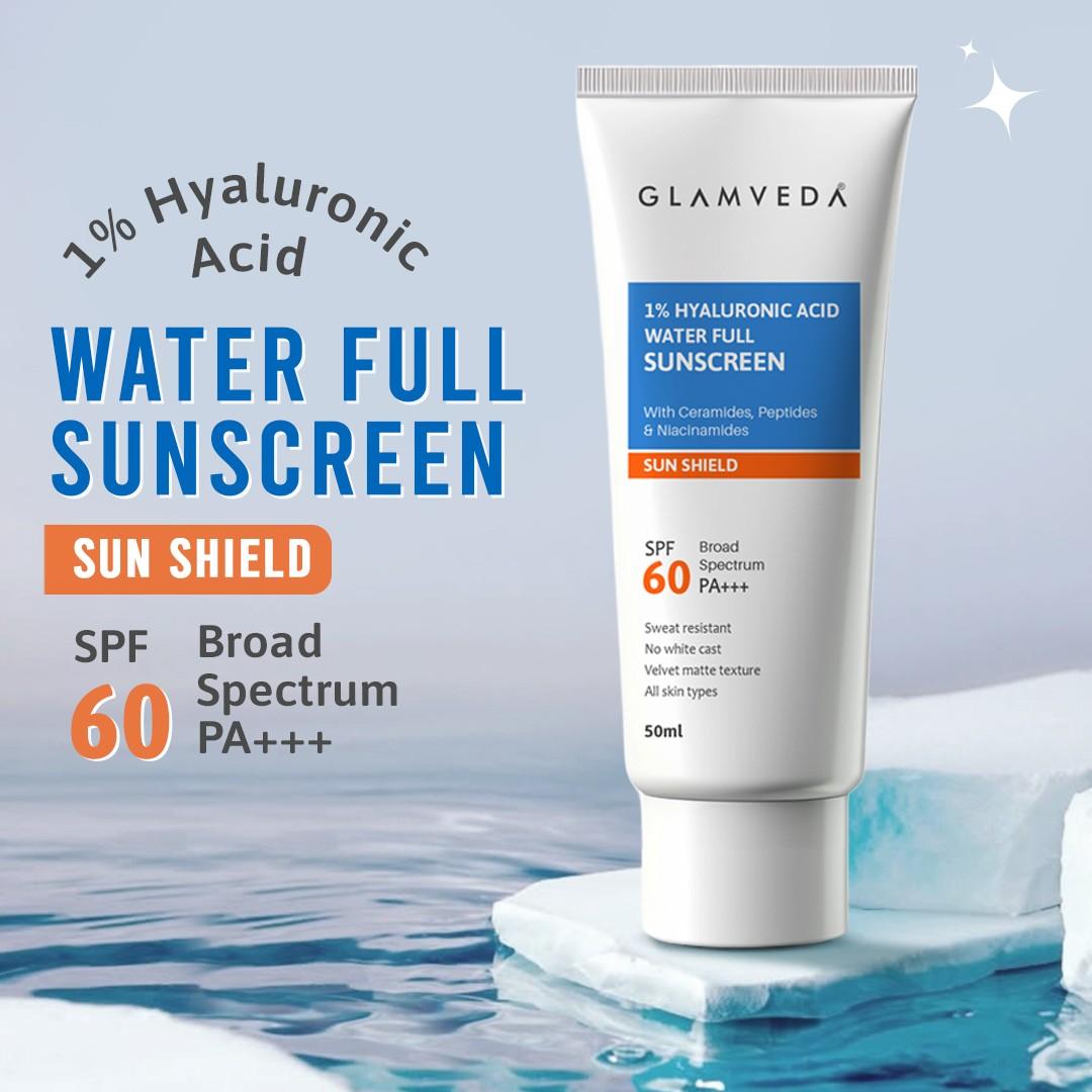 Glamveda 1% Hyaluronic Acid Sunscreen SPF 60, PA+++ | With Ceramides, Peptides & Niacinamide