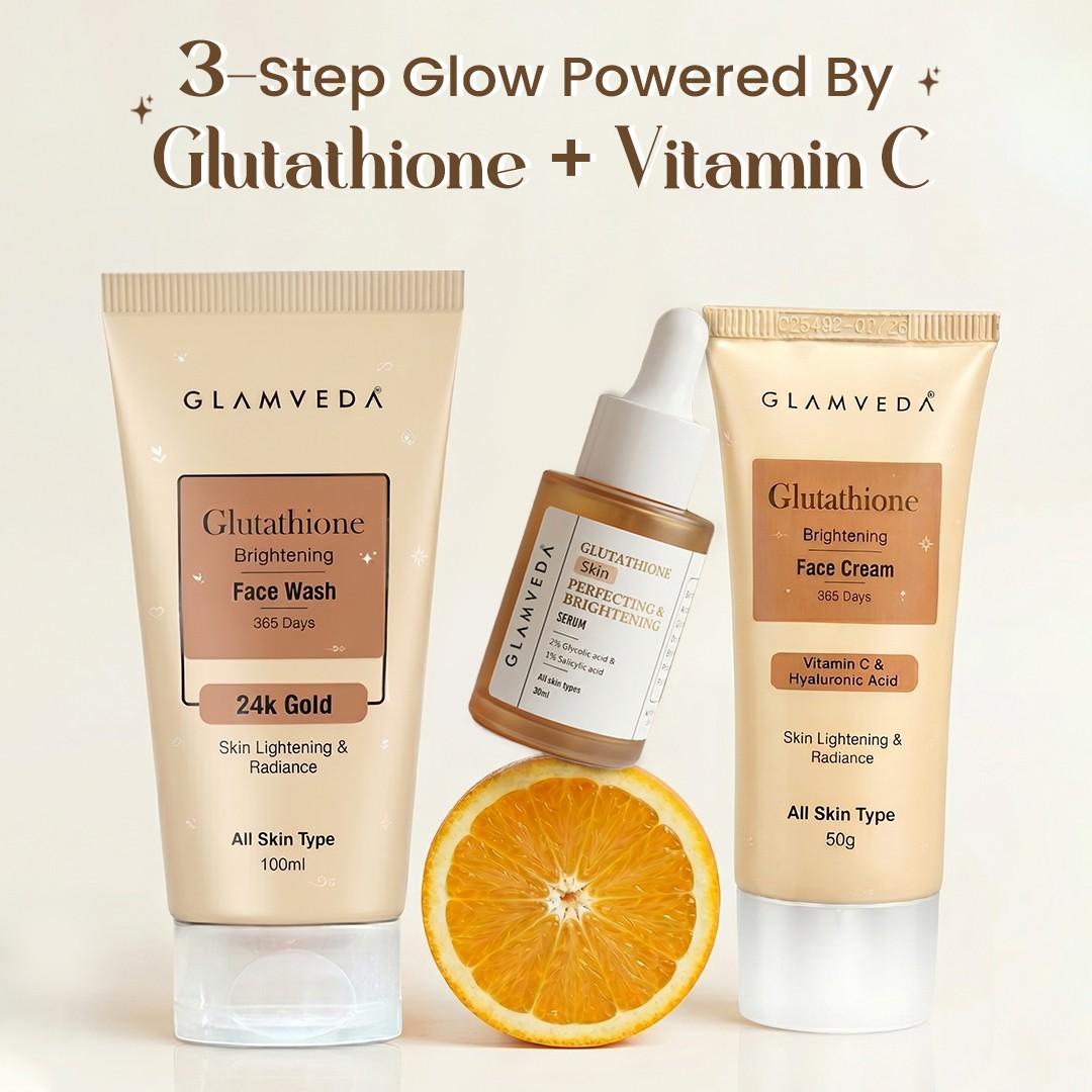 Glutathione Skin Perfecting Brightening & Dark Spots Removal 3 Steps Skincare Routine ( Face Wash + Face Cream + Face Serum )