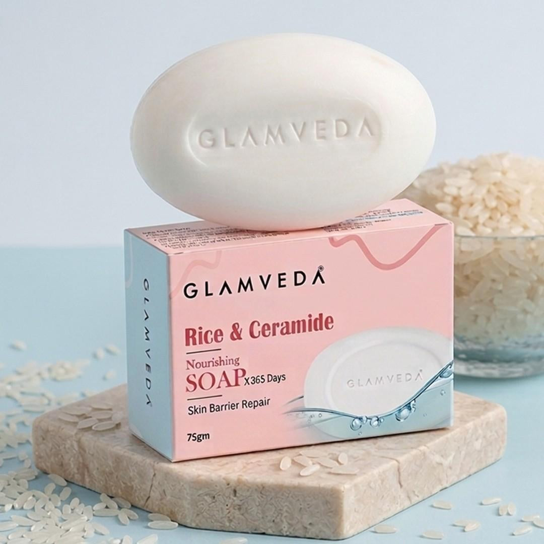 Glamveda Rice & Ceramide Skin Brightening Soap with Hyaluronic acid | Deeply Nourishes & Moisturised | 75gm