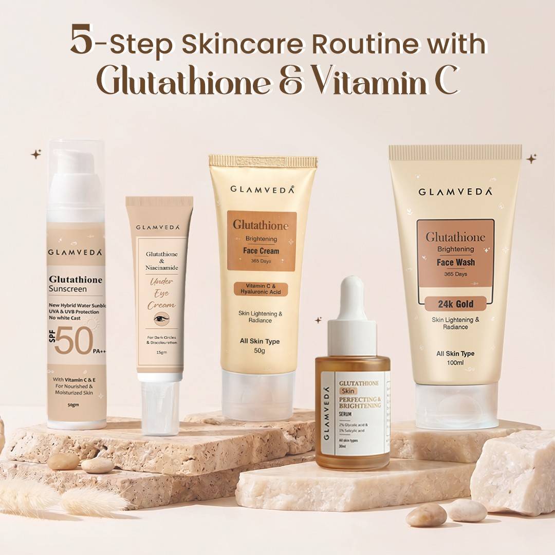Glutathione Skin Brightening and Lightening Combo | 5-Step Skincare Set For Glowing Skin | ( Face Wash + Face Cream + Sunscreen + Serum + Under Eye Cream )