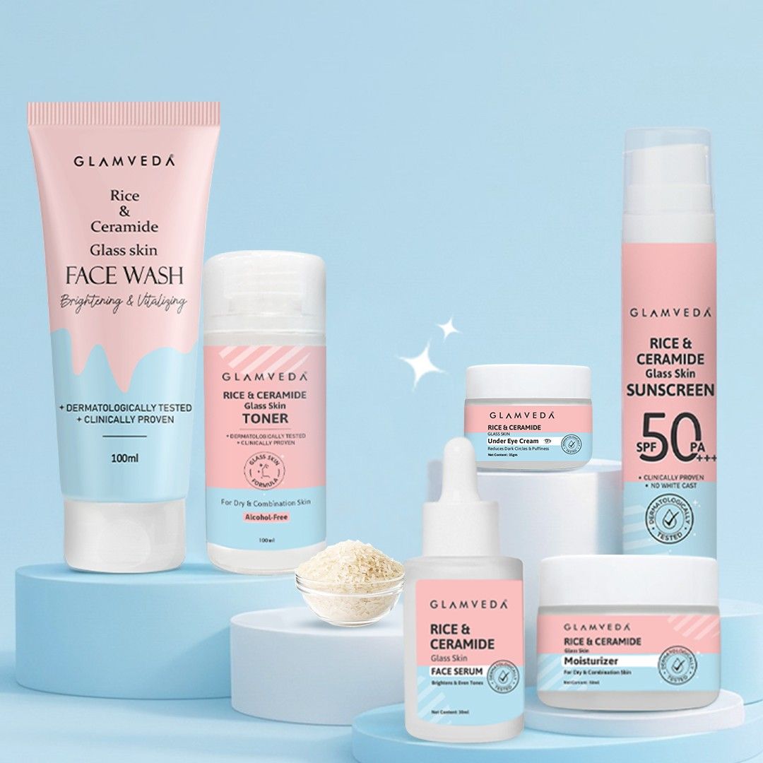 Glamveda Korean Glass Skin Rice & Ceramide 6 Step Gift Box | Face wash, Toner, Serum, Under eye cream, Moisturizer & Sunscreen