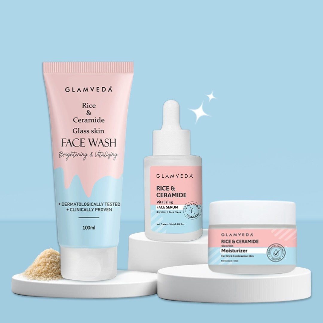 Glamveda Korean Glass Skin Rice & Ceramide 3 Step Combo | Face Wash, Serum & Moisturizer