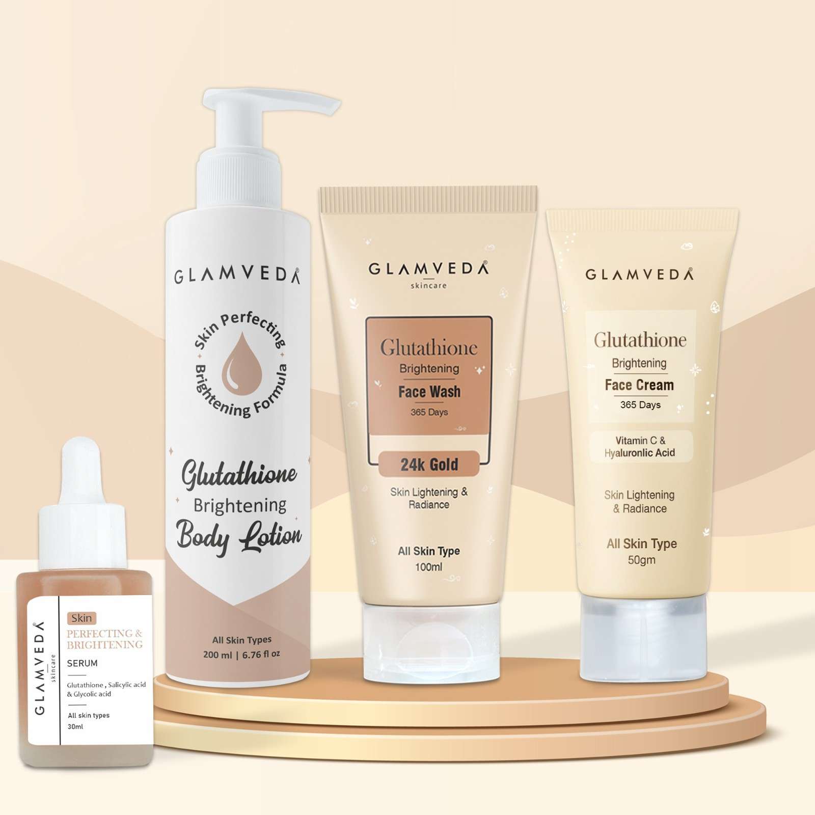 Glamveda Glutathione Skin Perfecting Brightening & Dark Spots Removal 4 Steps Skincare Routine ( Face Wash + Face Cream + Face Serum + Body Lotion )
