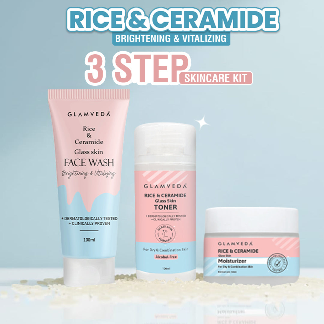 Glamveda Korean Glass Skin Rice & Ceramide 3 Step Combo | Face Wash, Toner & Moisturizer