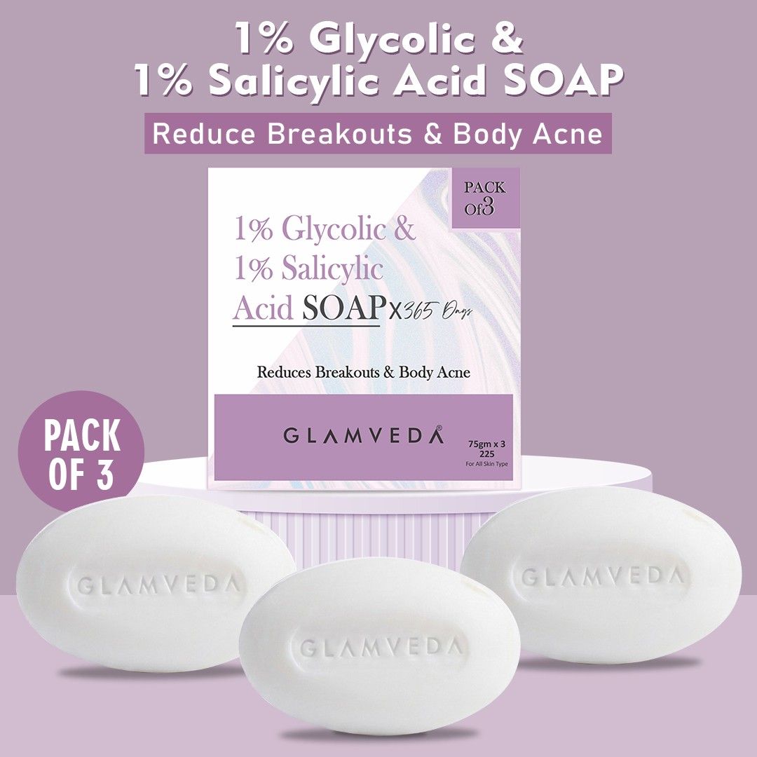 Glamveda 1% Glycolic Acid & 1% ww Salicylic Acid Body Acne Soap Pack of 3