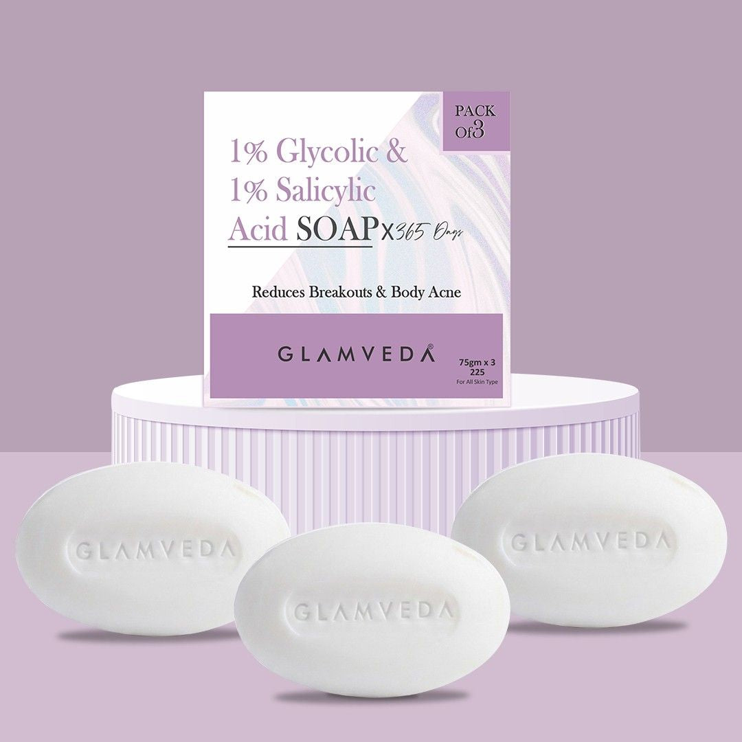 Glamveda 1% Glycolic Acid & 1% ww Salicylic Acid Body Acne Soap Pack of 3