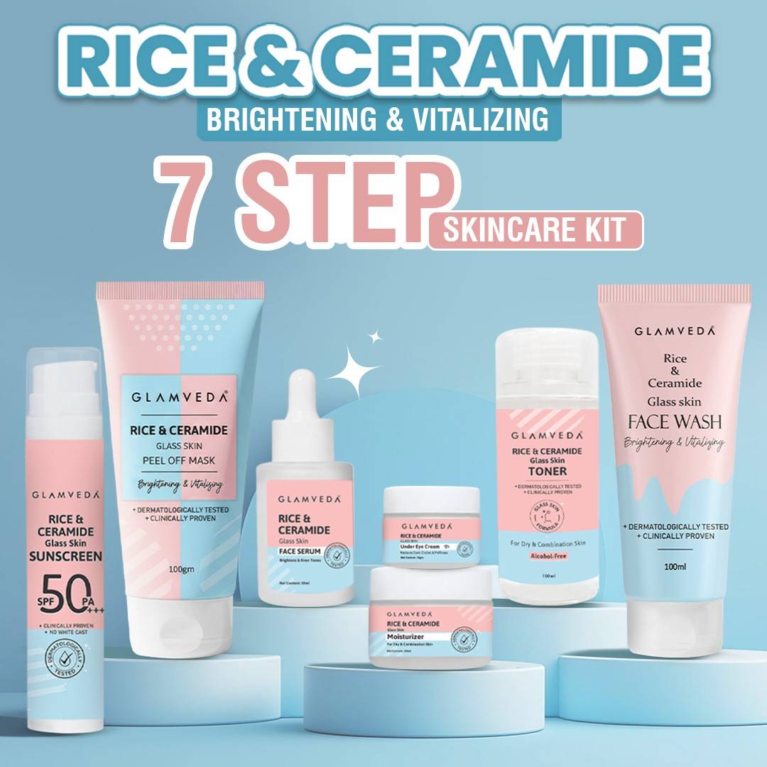 Glamveda Korean Glass Skin Rice & Ceramide 7 Step Gift Box | Face wash, Peel Off Mask, Toner, Serum, Under eye cream, Moisturizer & Sunscreen