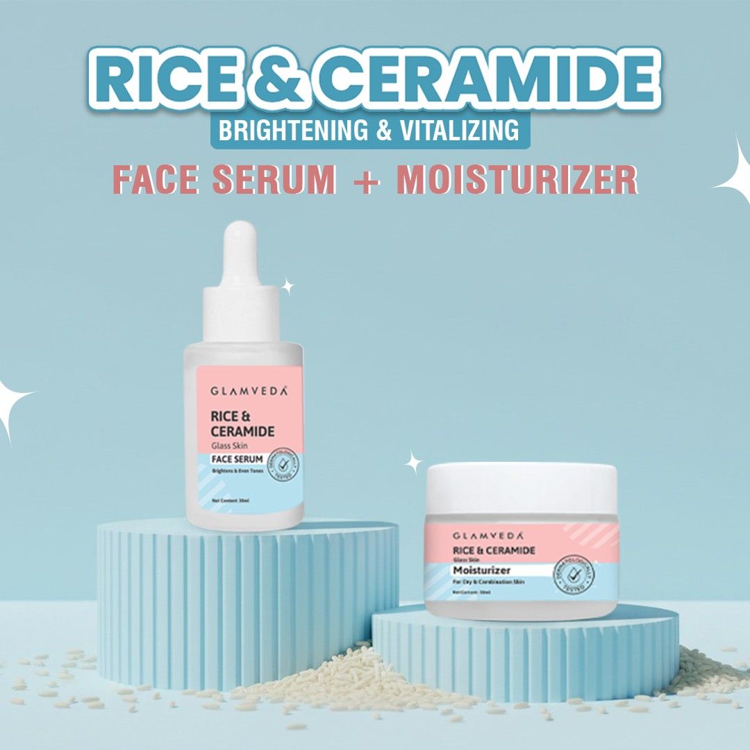 Glamveda Korean Glass Skin Rice & Ceramide Face Serum & Moisturizer Combo For Dry & Sensitive Skin Types