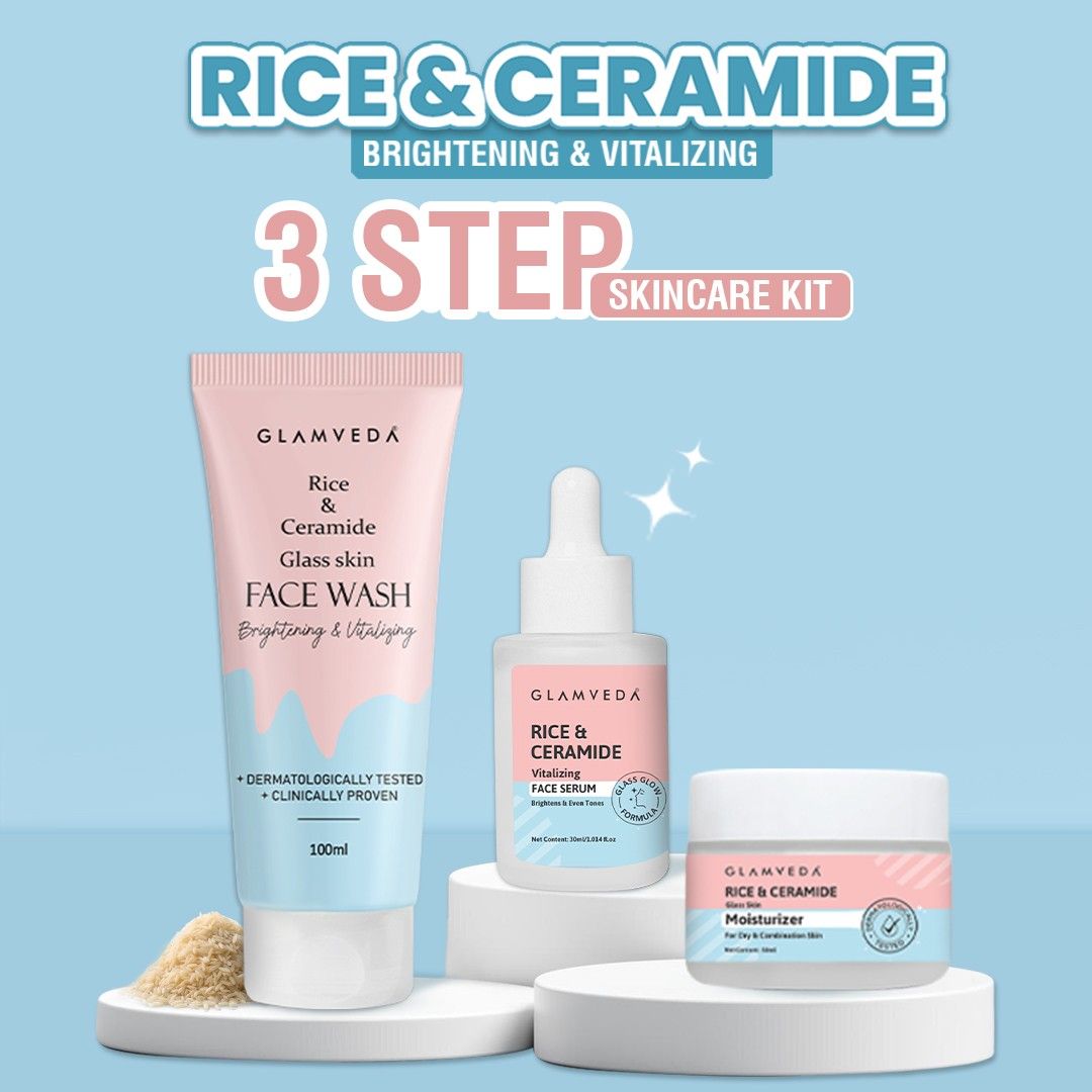 Glamveda Korean Glass Skin Rice & Ceramide 3 Step Combo | Face Wash, Serum & Moisturizer
