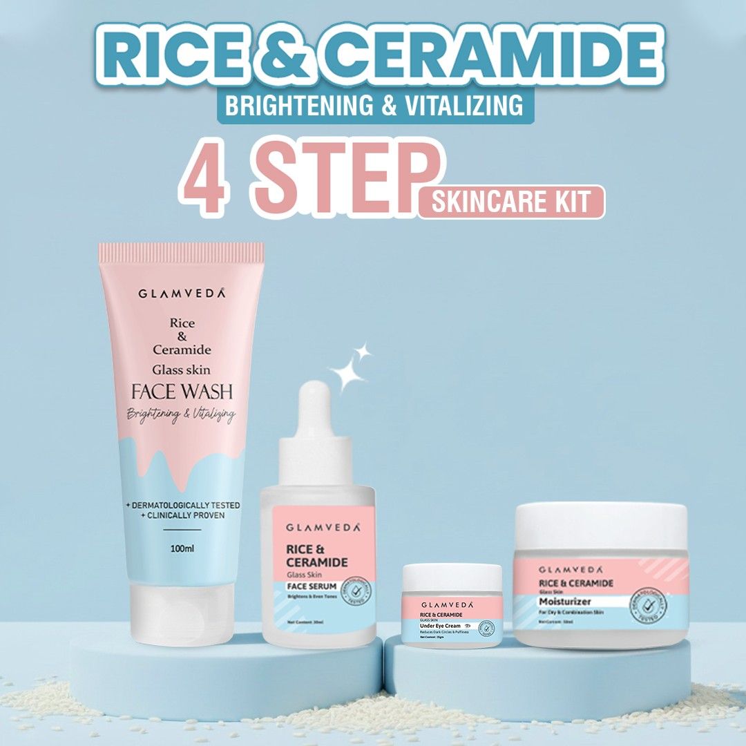 Glamveda Korean Glass Skin Rice & Ceramide 4 Step Gift Box | Face wash, Serum, Under-eye cream, Moisturizer