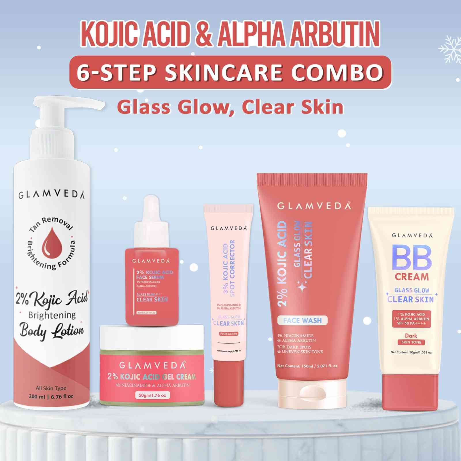 2% Kojic Acid 6-Step Skincare Routine- Facewash, Spot Corrector, Serum, BB Cream(Dark), Cream & Lotion