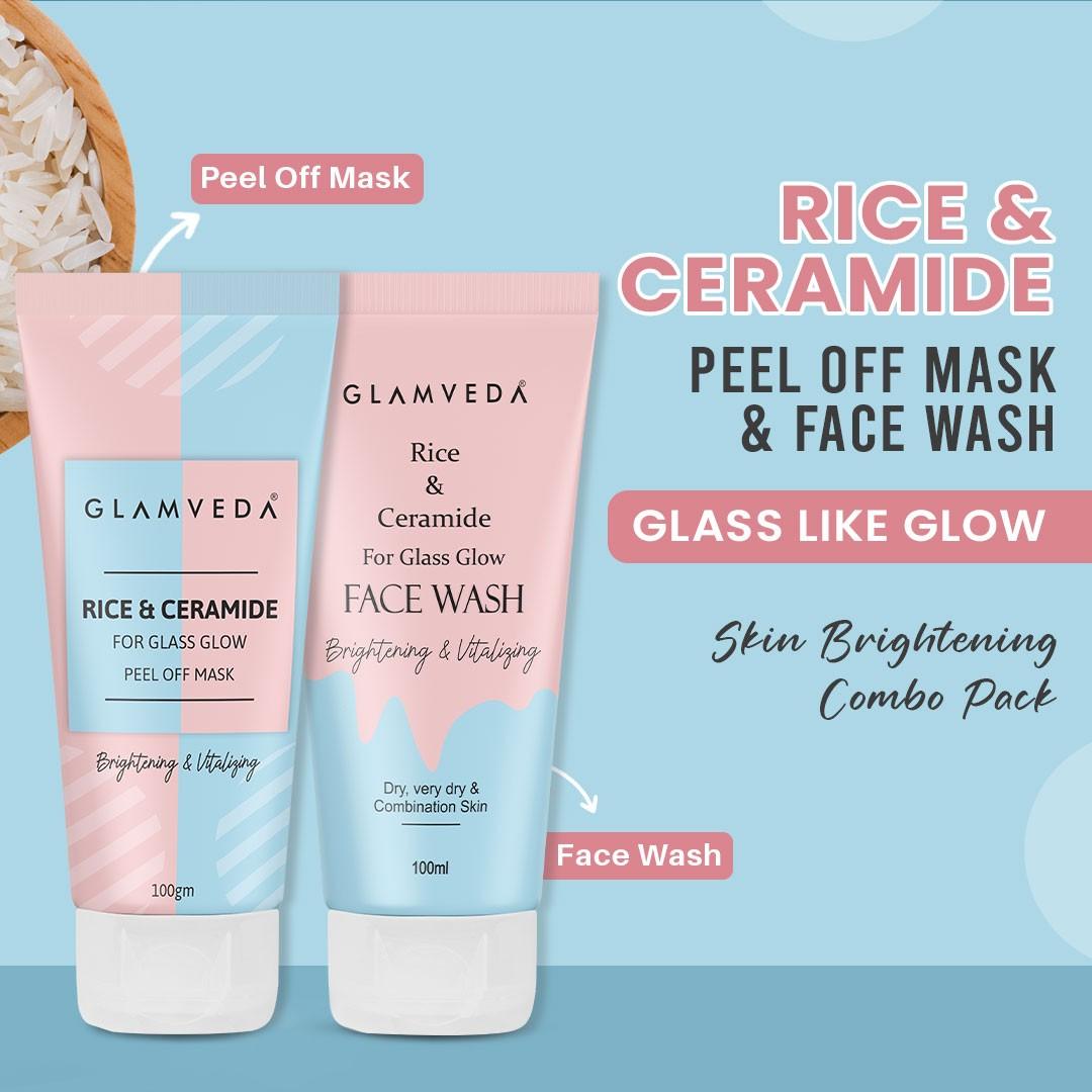 Glamveda Rice & Ceramide Combo | Skin Brightening & Anti Dullness | Improves skin barrier | Face Wash & Peel Off Mask Combo