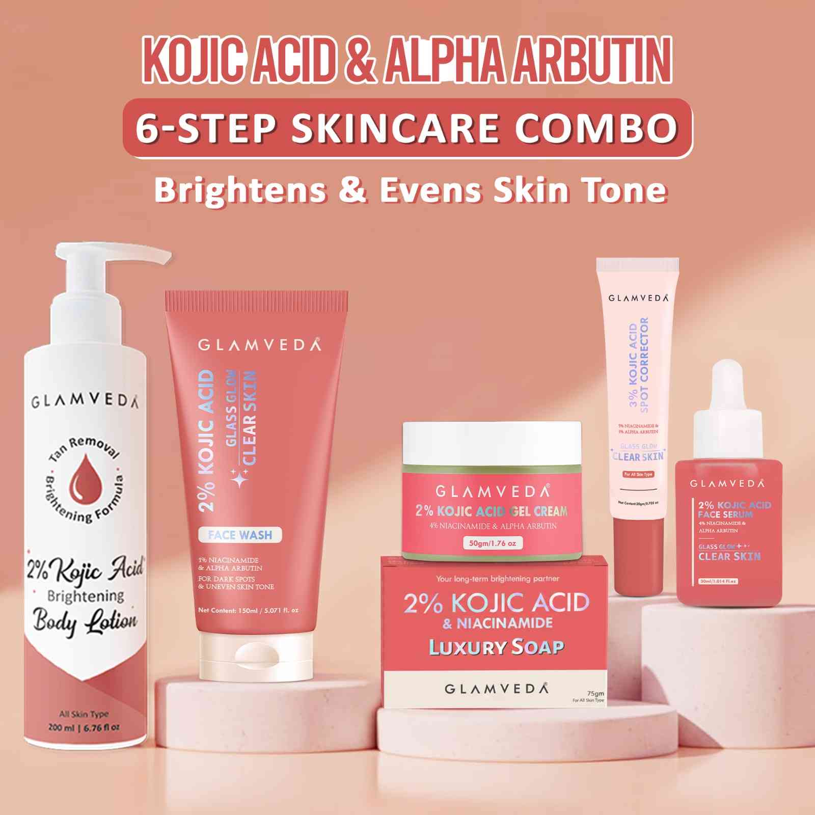 Kojic Acid 6-Step Skincare Kit for Dark Spots & Pigmentation | Face Wash, Serum, Spot Corrector, Cream, Lotion & Soap
