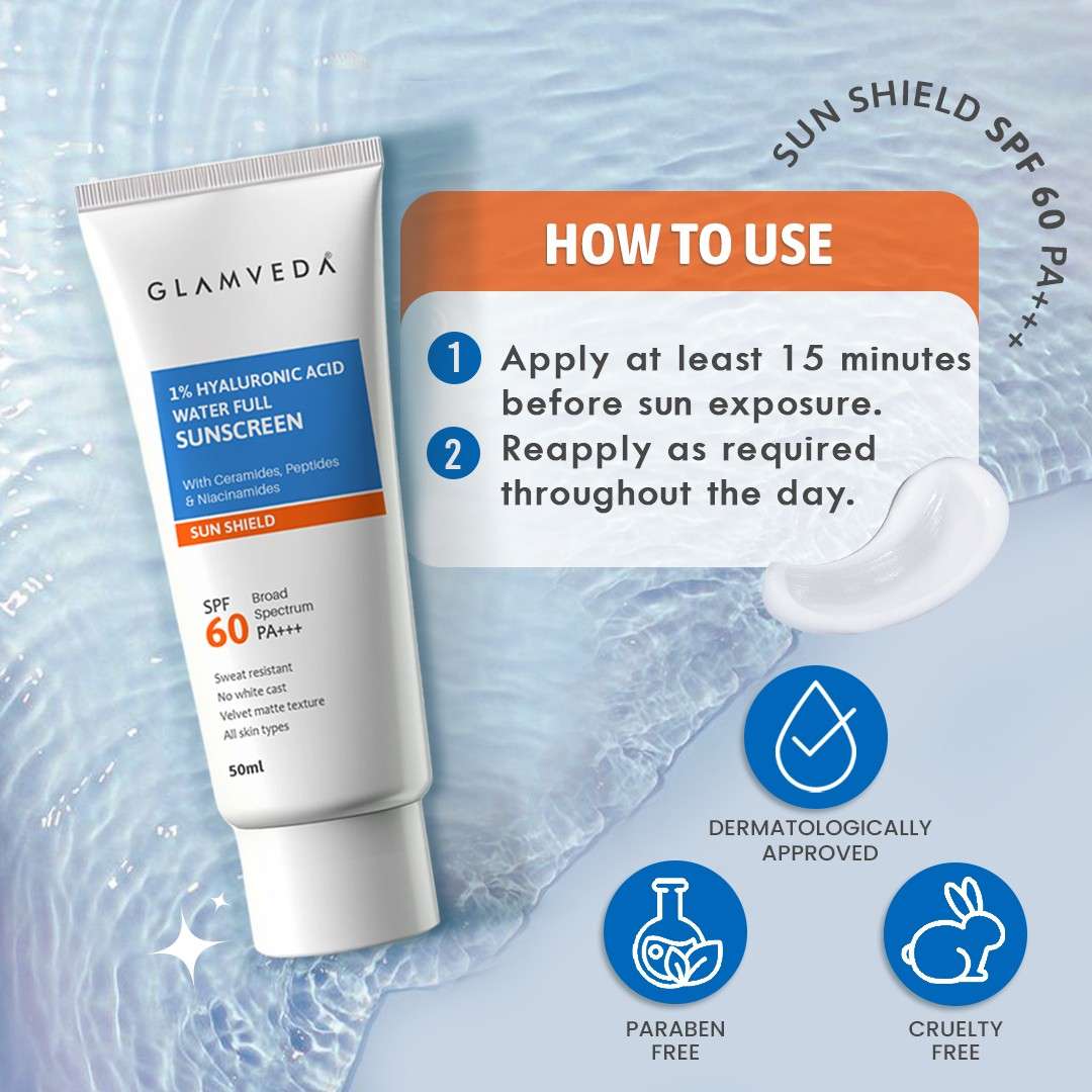 Glamveda 1% Hyaluronic Acid Sunscreen SPF 60, PA+++ | With Ceramides, Peptides & Niacinamide