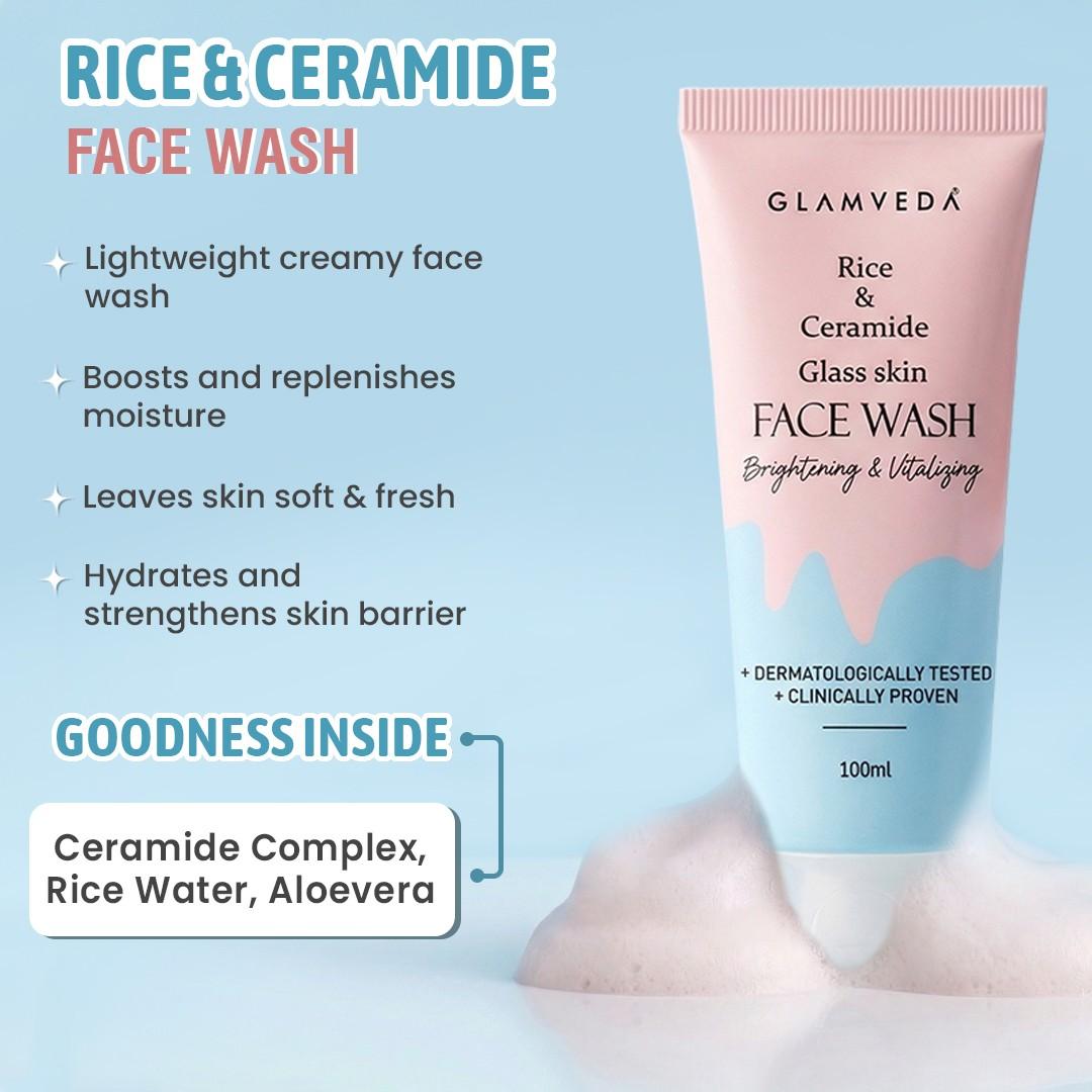 Rice & Ceramide Korean Glass Skin Combo Gift Pack | Skin Brightening & Anti Dullness | Face Wash, Facial Kit & Peel Off Mask