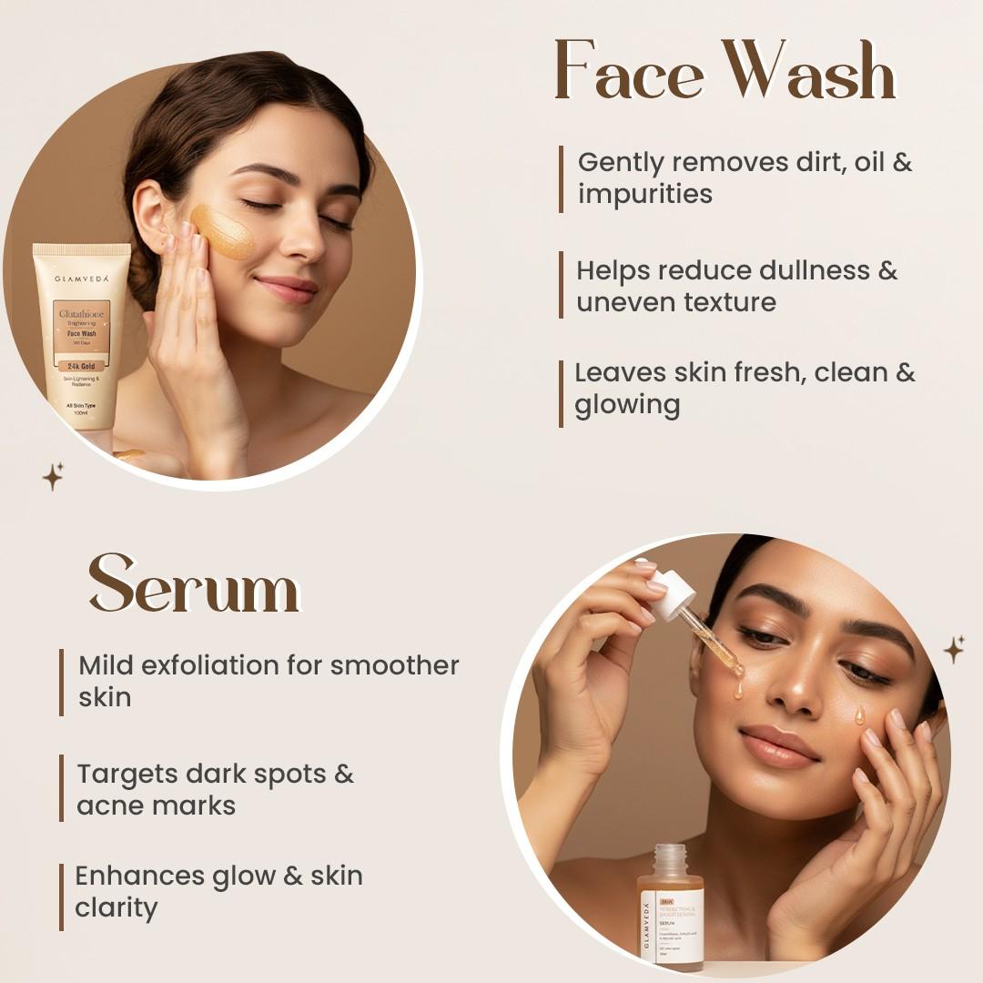 Glutathione 4-Step Skincare Routine For Healthy & Radiant Skin | Skin Brightening and Lightening Combo ( Face Wash + Face Cream + Face Serum + Sunscreen )