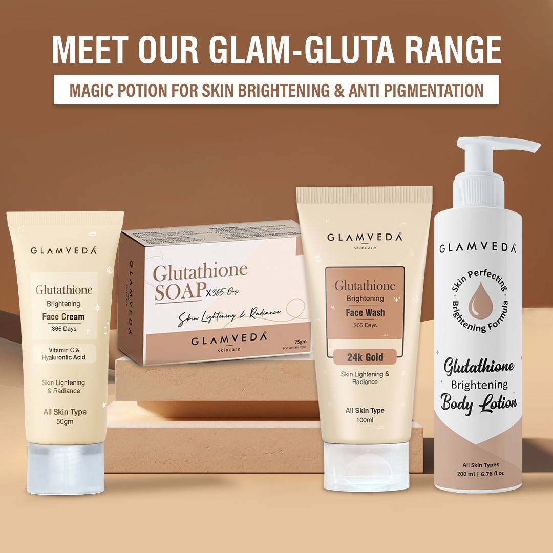 Glamveda Glutathione Bath & Body Skincare Routine Combo | Set of 4 Kit | For Skin Brightening and Lightening | ( Face Wash + Face Cream + Body Lotion + Soap )