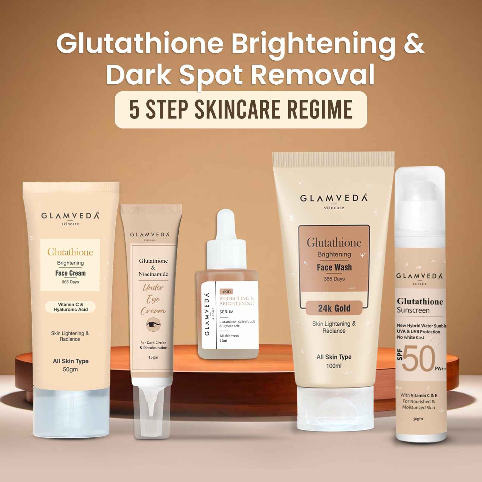Glamveda Glutathione Skin Brightening and Lightening Combo | 5-Step Skincare Set For Glowing Skin | ( Face Wash + Face Cream + Sunscreen + Serum + Under Eye Cream )