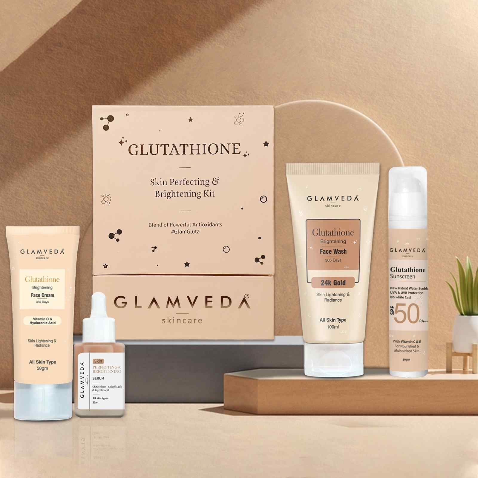 Glamveda Glutathione 4-Step Skincare Routine For Healthy & Radiant Skin | Skin Brightening and Lightening Combo ( Face Wash + Face Cream + Face Serum + Sunscreen )