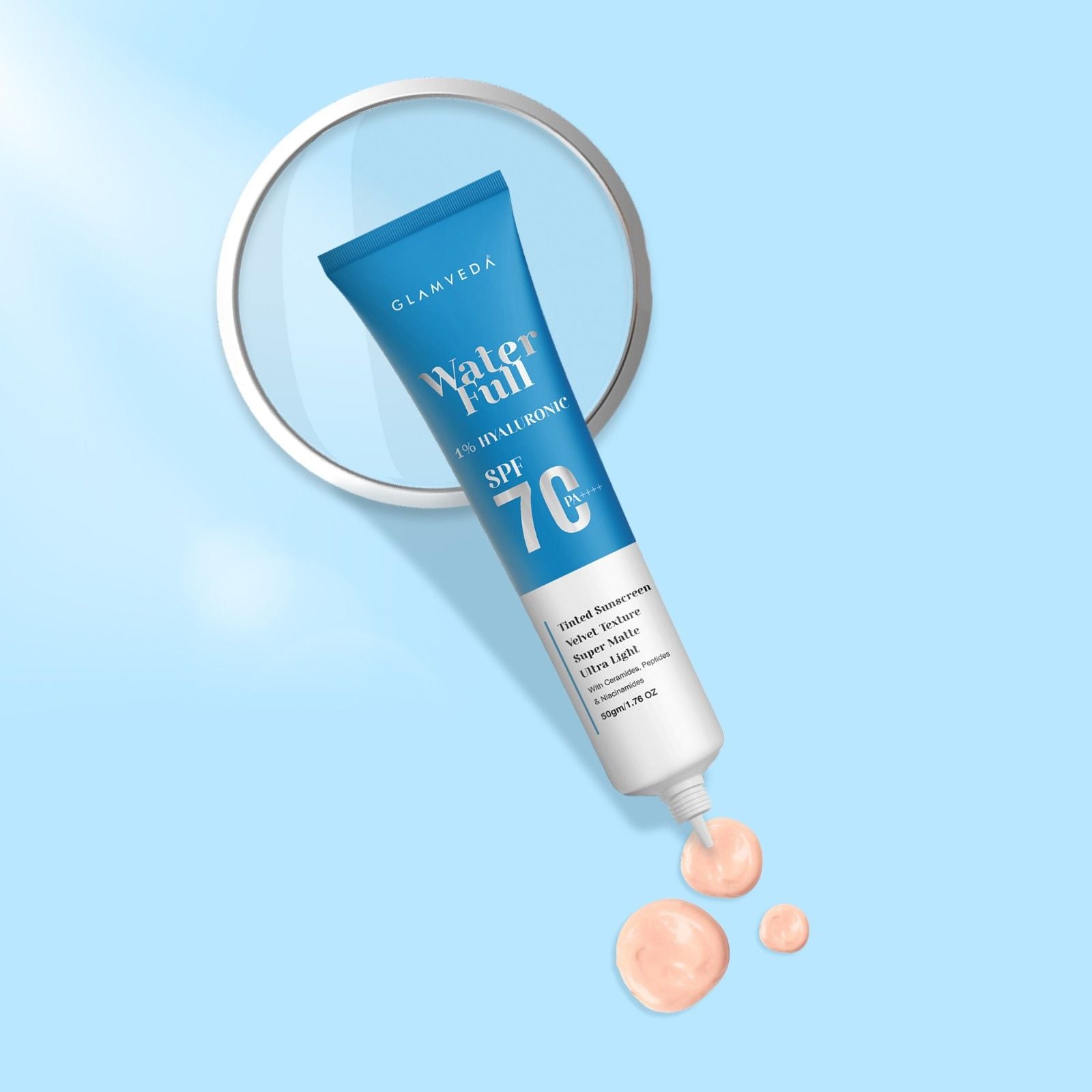 Glamveda Water Full 1% Hyaluronic Sunscreen SPF 70 PA++++ | Velvet Texture | Super Matte & Ultra Light | With Ceramides, Peptides & Niacinamide