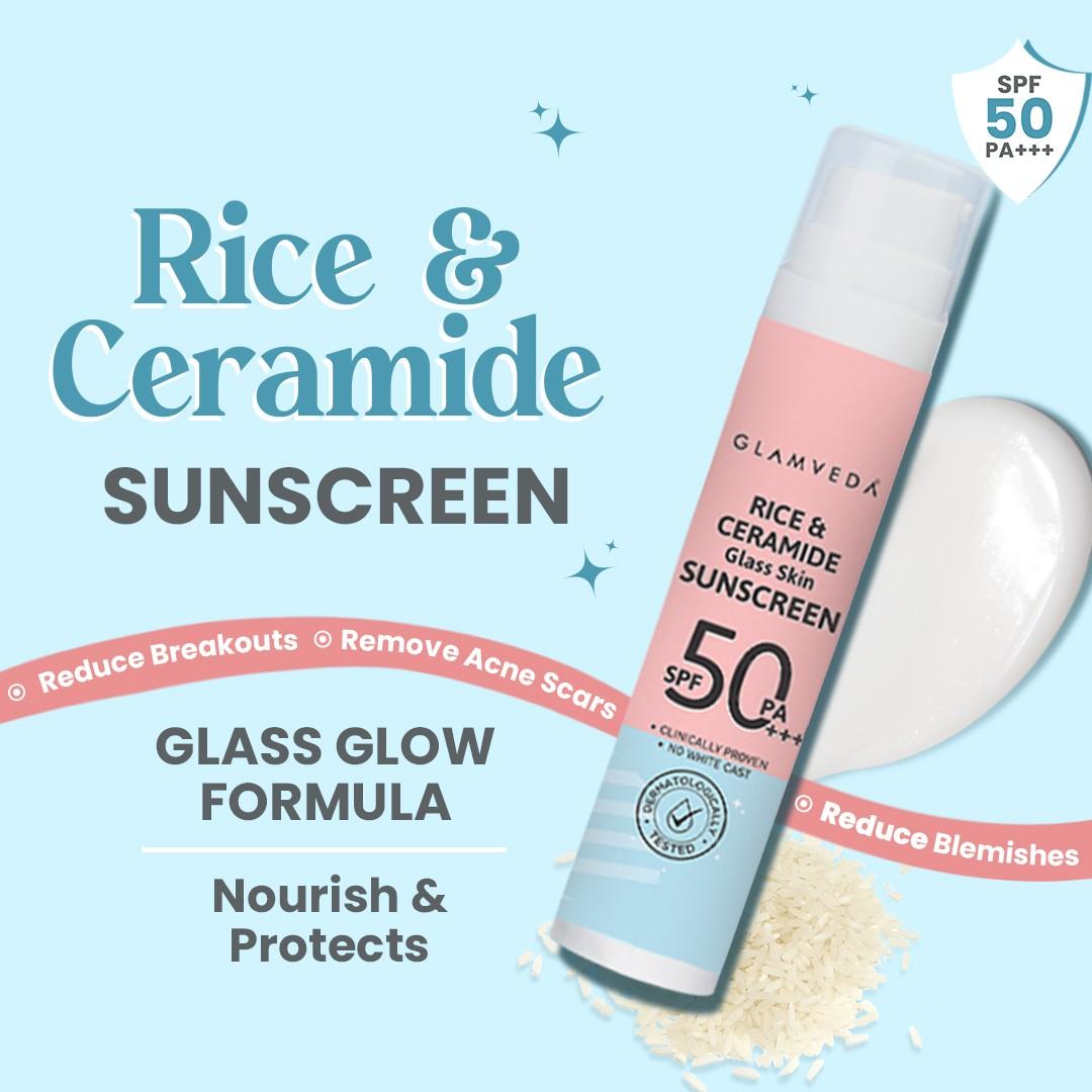 Glamveda Korean Glass Skin Rice & Ceramide Dewy Sunscreen SPF 50 PA+++