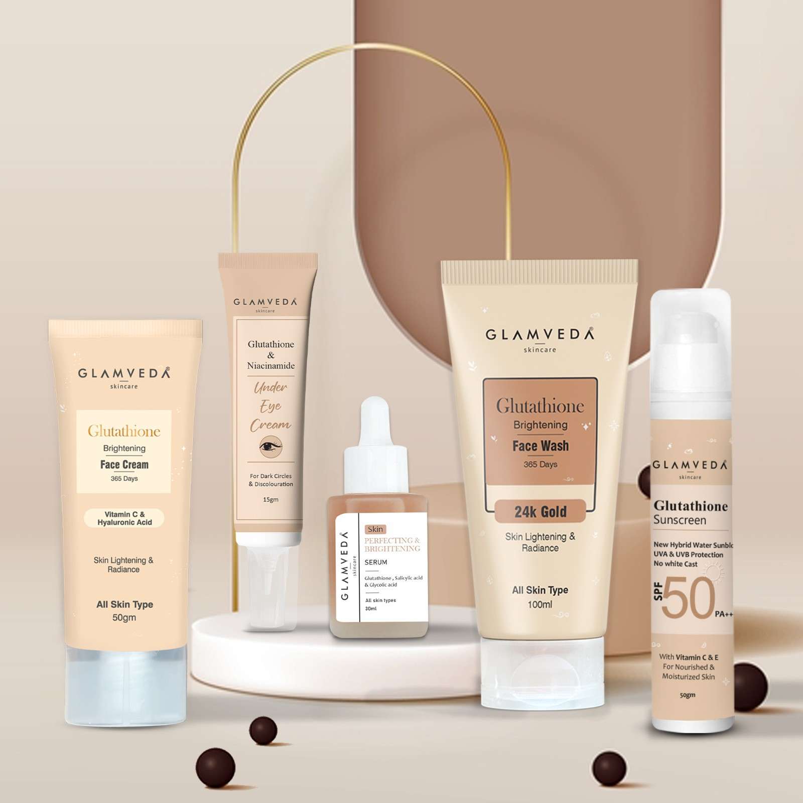 Glamveda Glutathione Skin Brightening and Lightening Combo | 5-Step Skincare Set For Glowing Skin | ( Face Wash + Face Cream + Sunscreen + Serum + Under Eye Cream )