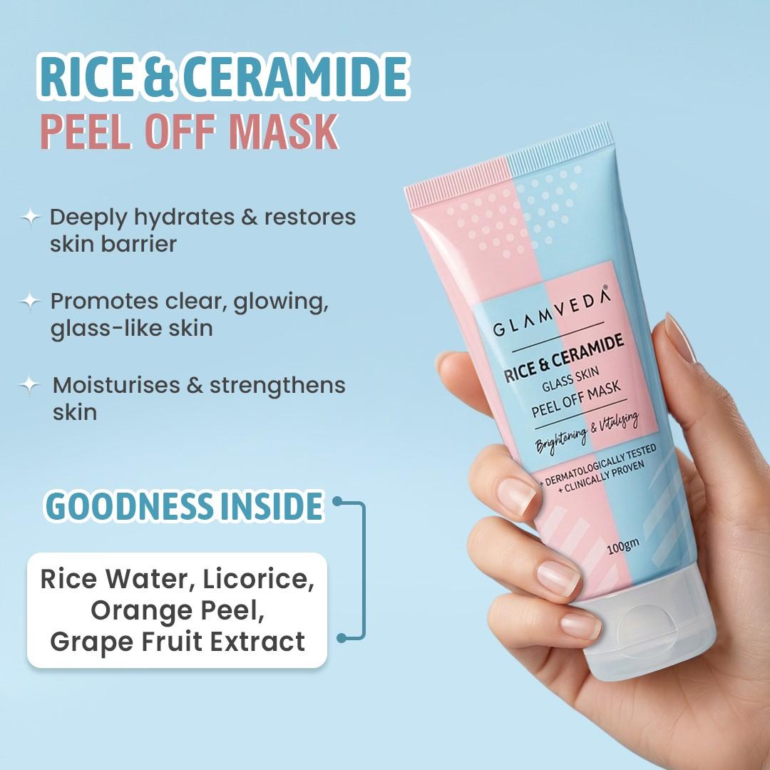 Rice & Ceramide Korean Glass Skin Combo Gift Pack | Skin Brightening & Anti Dullness | Face Wash, Facial Kit & Peel Off Mask