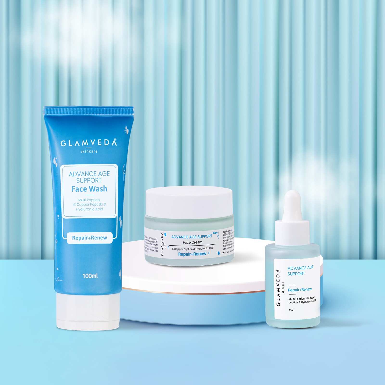 Glamveda 1% Copper peptide with Multi Peptide Advance Age Support Skincare Combo | Face Wash, Face Cream, Serum