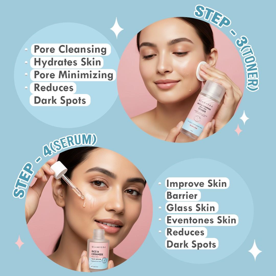 Korean Glass Skin Rice & Ceramide 7 Step Gift Box | Face wash, Peel Off Mask, Toner, Serum, Under eye cream, Moisturizer & Sunscreen