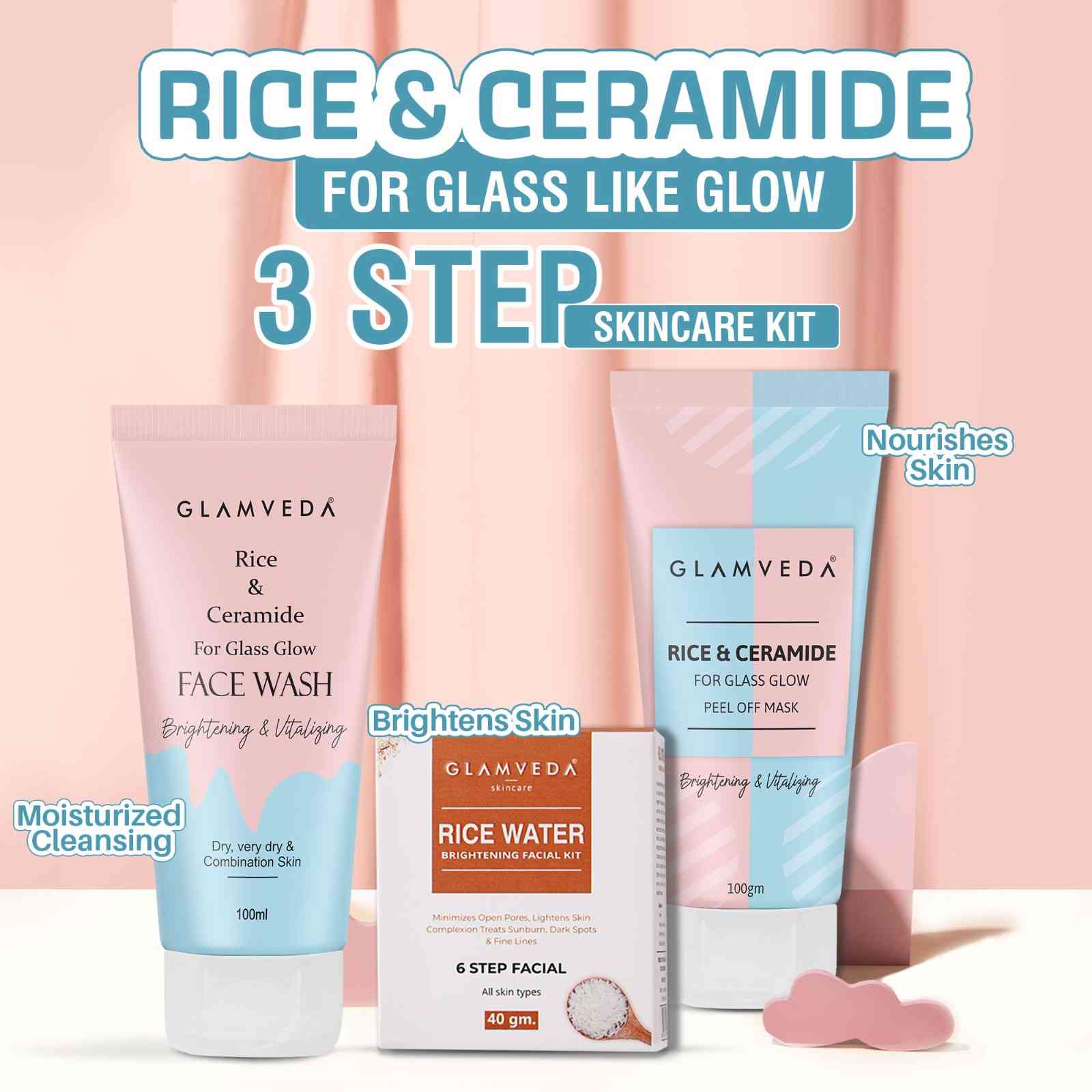 Glamveda Rice & Ceramide Korean Glass Skin Combo Gift Pack | Skin Brightening & Anti Dullness | Face Wash, Facial Kit & Peel Off Mask