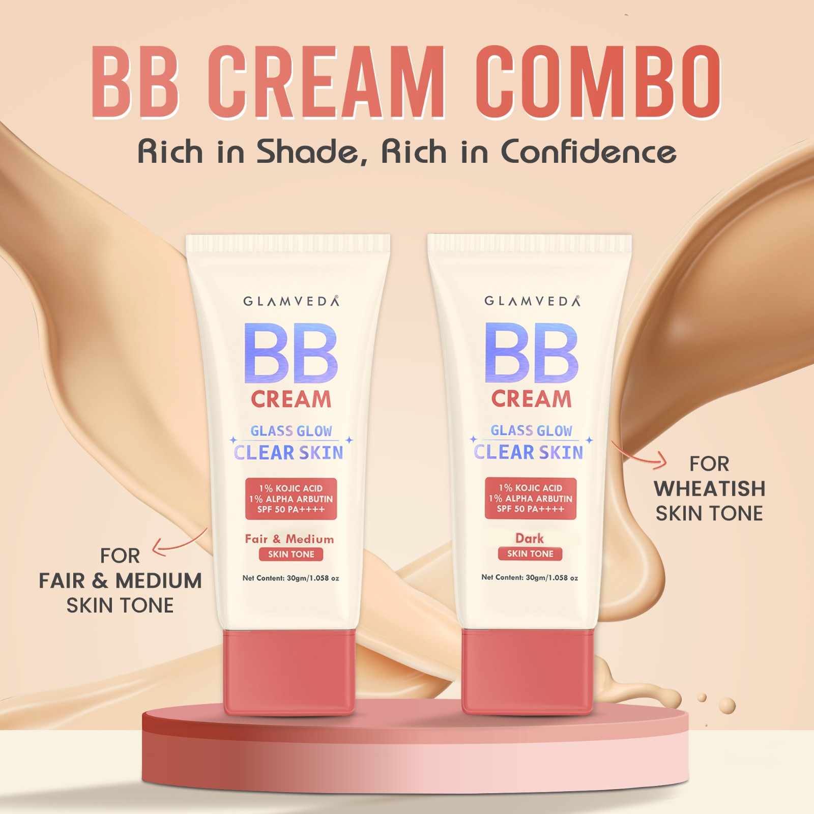 Glamveda BB Cream Combo (Pack Of 2) – Fair & Warm Skin Tone Shades with SPF 50++++ | Lightweight, Water-Resistant, Long-Lasting Coverage
