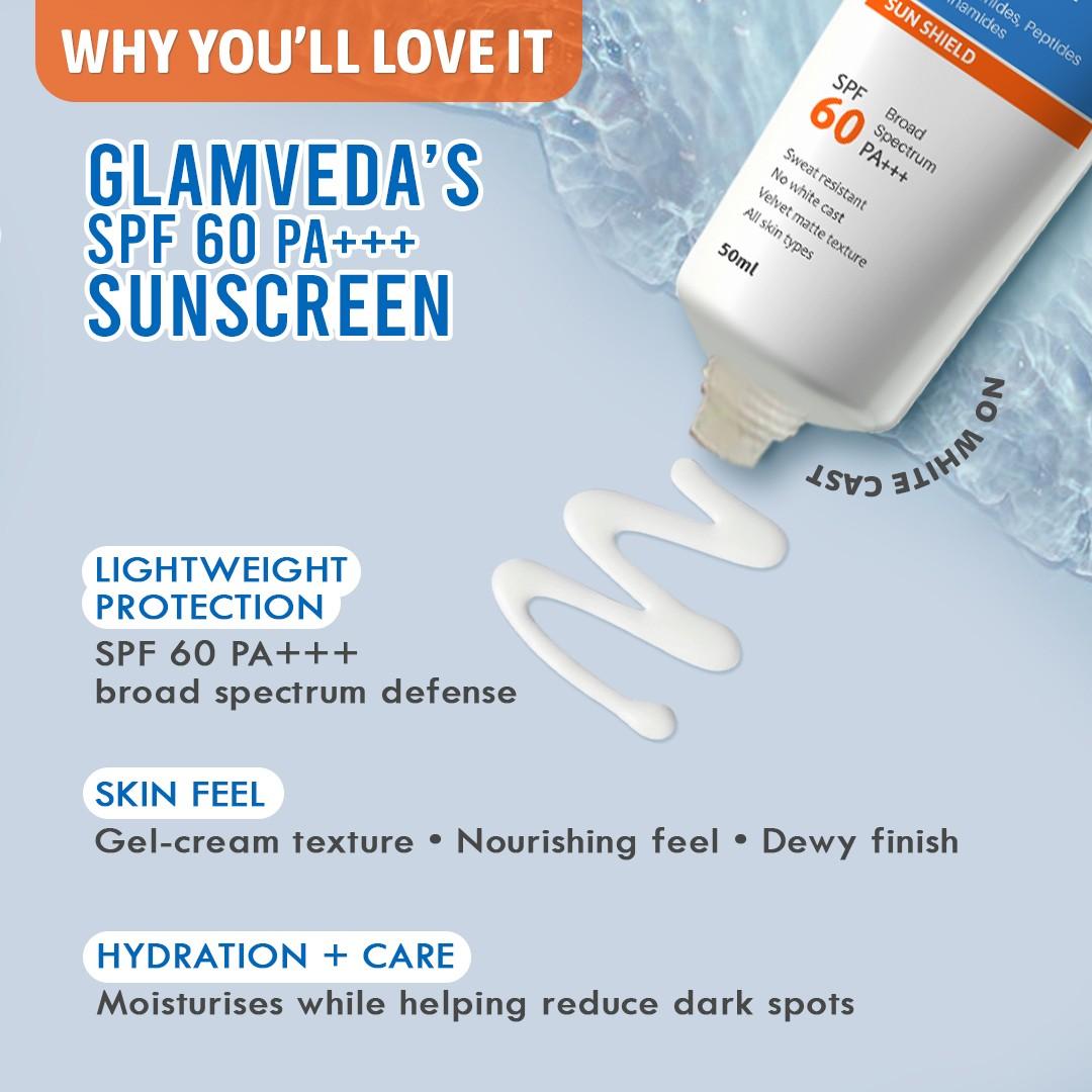 Glamveda 1% Hyaluronic Acid Sunscreen SPF 60, PA+++ | With Ceramides, Peptides & Niacinamide