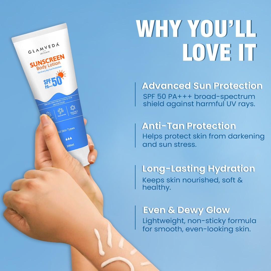 Glamveda Sunscreen SPF 50 PA+++ Body Lotion with Hyaluronic Acid & Niacinamide, Protects & Nourishes