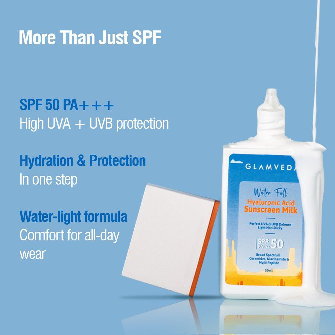Glamveda Ultra Light Water Sunscreen SPF 50 PA++++ with Ceramides & Hyaluronic, No White Cast