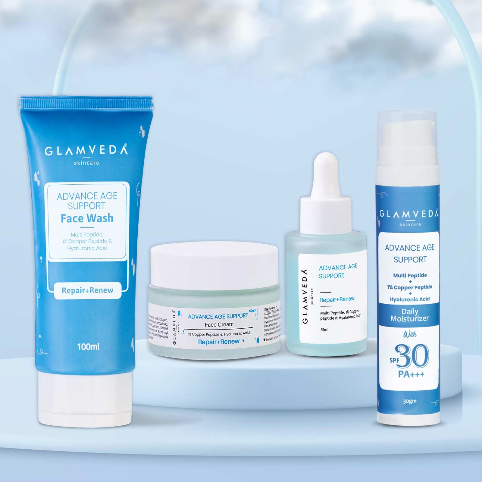 Glamveda 1% Copper peptide with Multi Peptide Advance Age Support Skincare Combo | Face Wash, Face Cream, Serum, Sunscreen