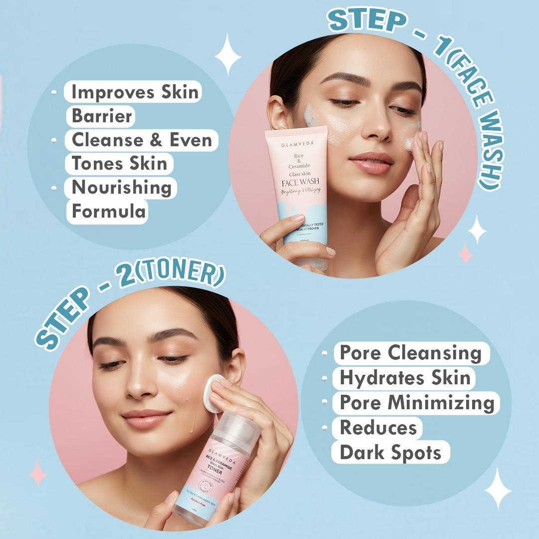 Glamveda Korean Glass Skin Rice & Ceramide 6 Step Gift Box | Face wash, Toner, Serum, Under eye cream, Moisturizer & Sunscreen