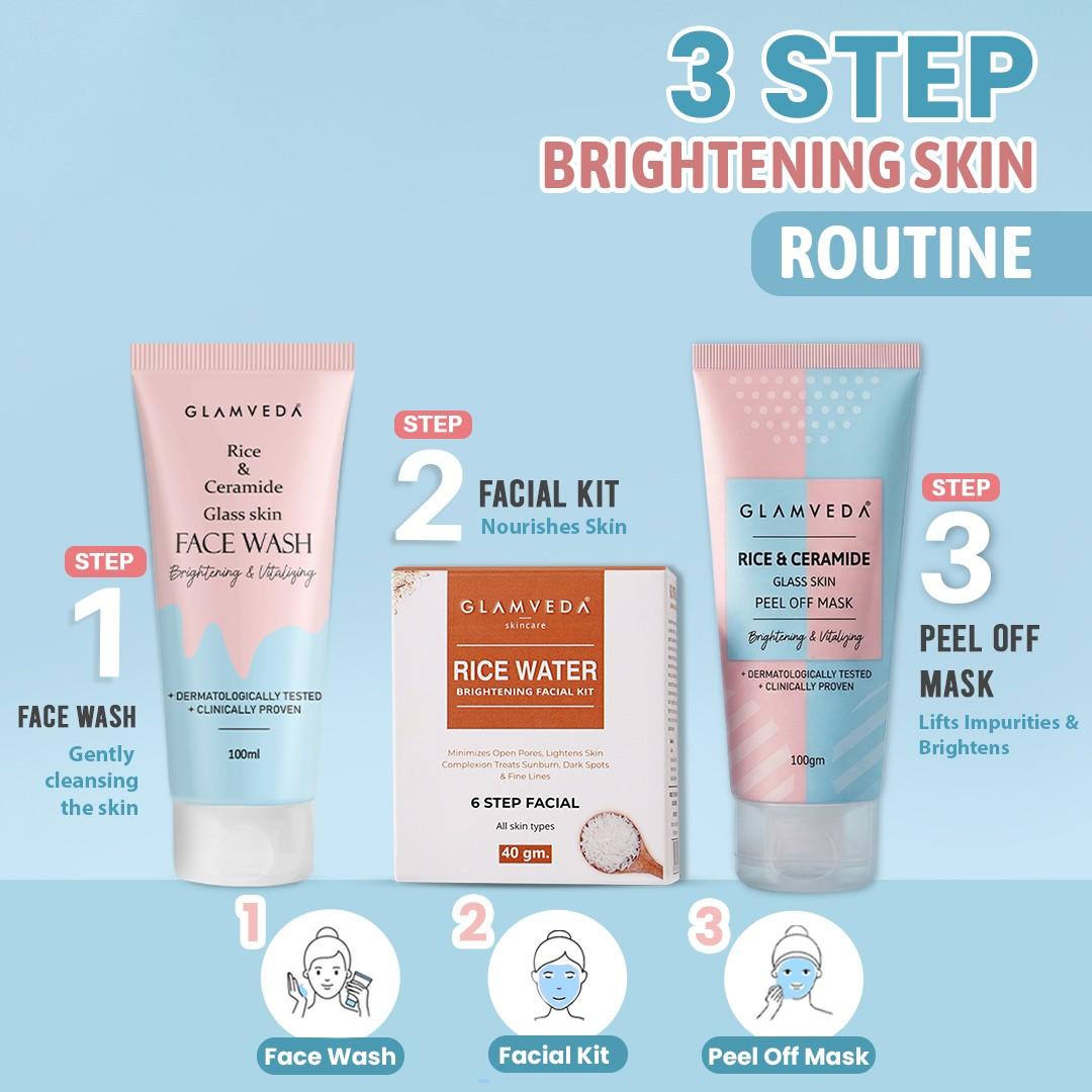 Rice & Ceramide Korean Glass Skin Combo Gift Pack | Skin Brightening & Anti Dullness | Face Wash, Facial Kit & Peel Off Mask