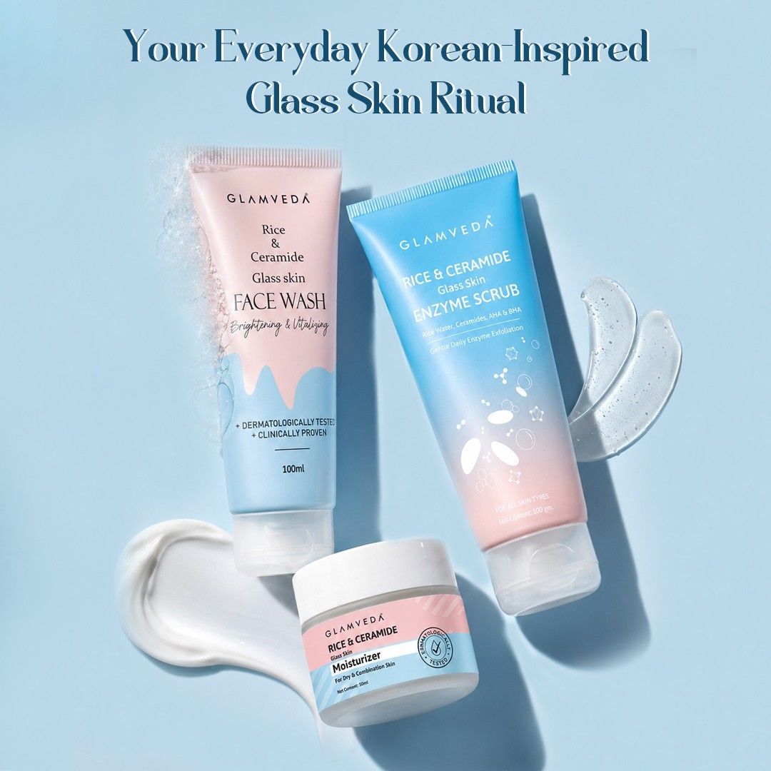 Rice & Ceramide Glass Skin Essentials | Face Wash + Enzyme Scrub + Moisturizer Combo | Korean Skincare Routine | 250ml