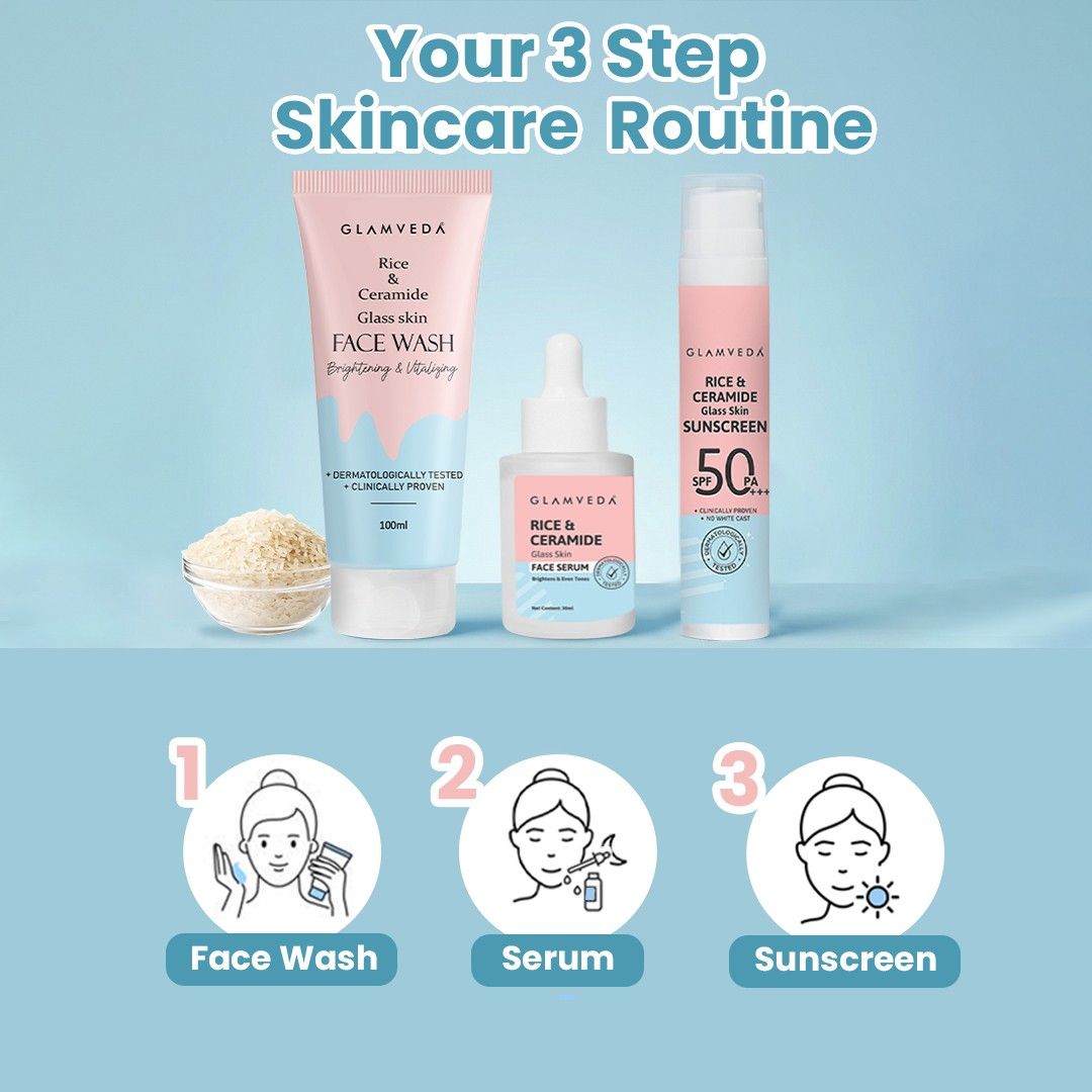 Glamveda Korean Glass Skin Rice & Ceramide 3 Step Combo | Face Wash, Serum & Sunscreen