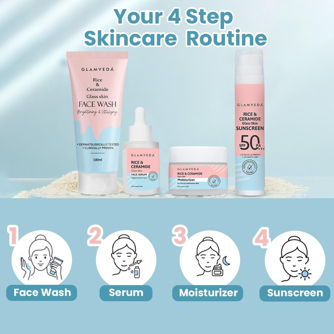 Glamveda Korean Glass Skin Rice & Ceramide Morning 4 Step Gift Box | Face Wash, Serum, Moisturizer & Sunscreen