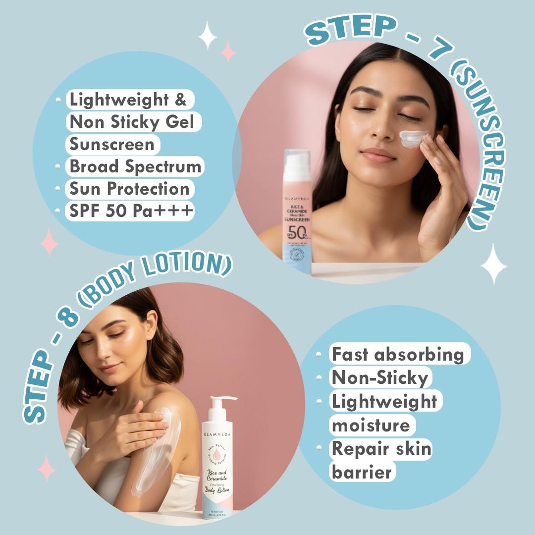 Glamveda Korean Glass Skin Rice & Ceramide 8 Step Weekly Skincare Routine For Women