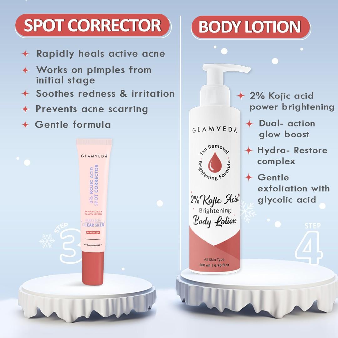 2% Kojic Acid 6-Step Skincare Routine- Facewash, Spot Corrector, Serum, BB Cream(Fair &Medium), Cream & Lotion