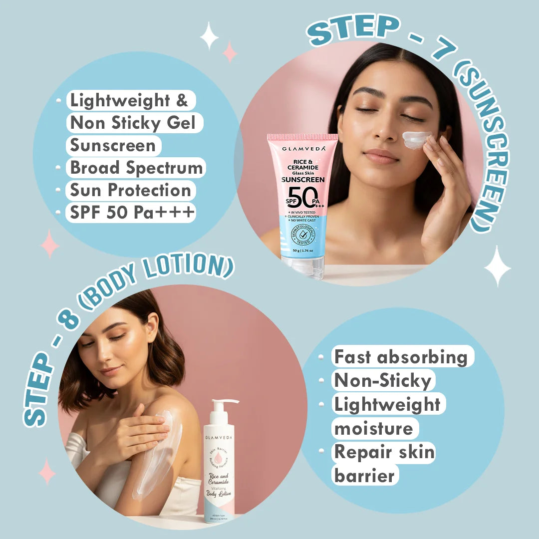 Korean Glass Skin Rice & Ceramide 8 Step Weekly Skincare Routine For Women