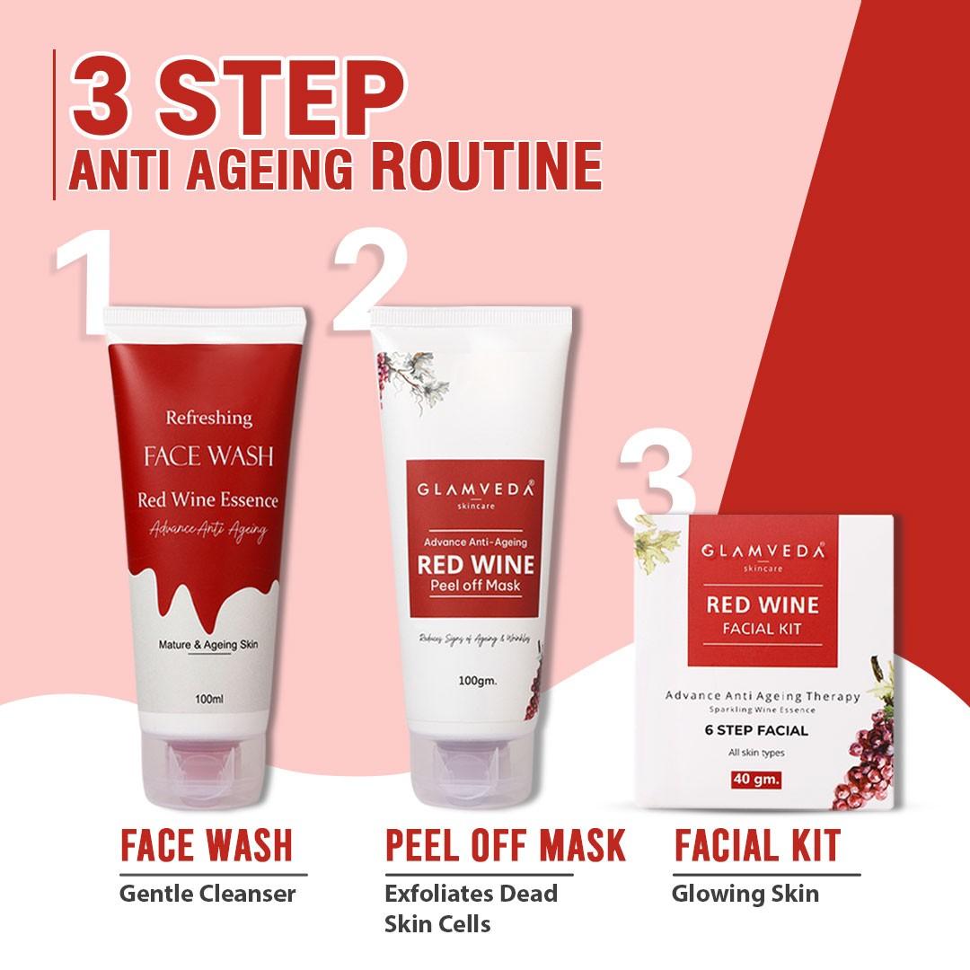 Red Wine Advance Anti Ageing Combo Gift Pack | Reduces signs of ageing | Face Wash, Facial Kit & Peel Off Mask